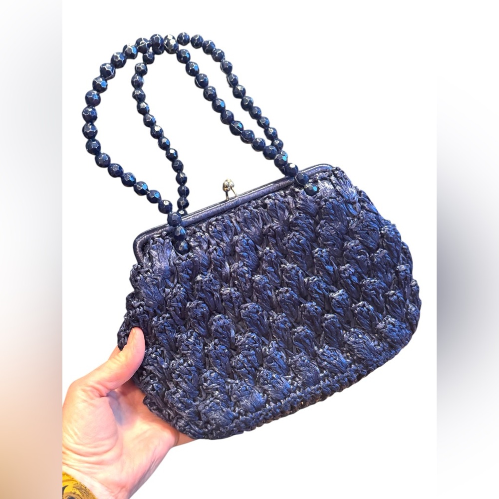 Elegant Vintage Artel Blue Beaded straw 1960s Handbag